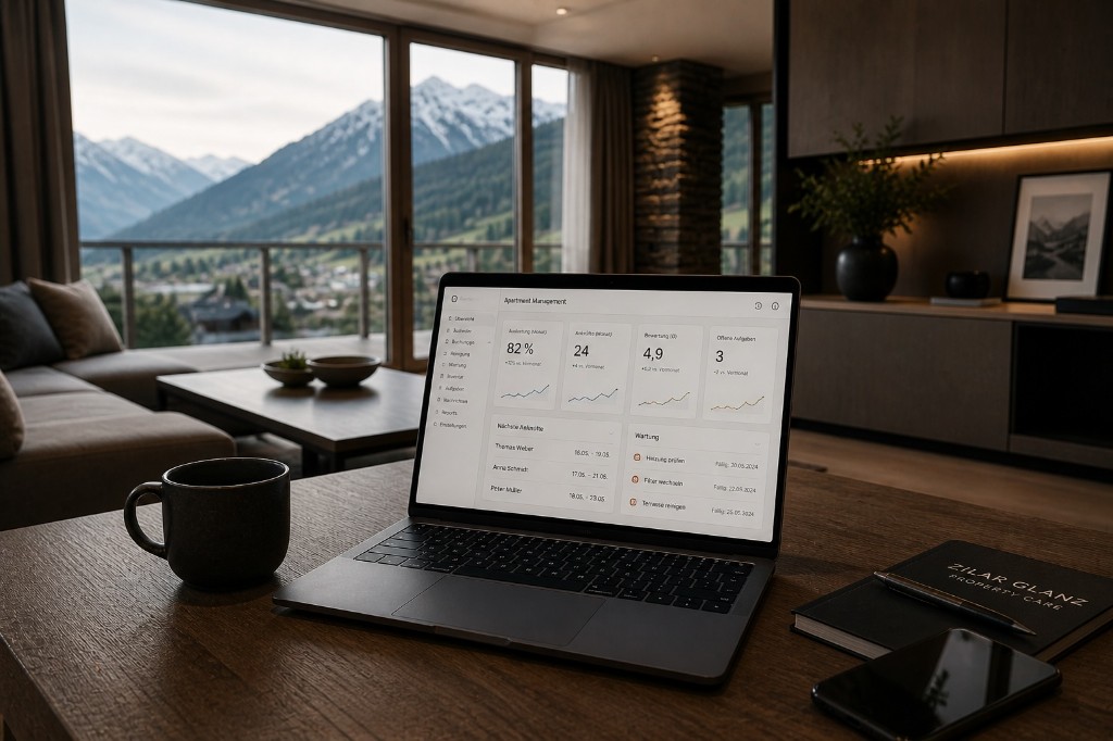 Laptop auf Holztisch in heller Ferienwohnung mit Bergblick – strukturierte Übersicht zu Buchungen und Objektaufgaben, Notizbuch mit ZILA GLANZ Property Care.