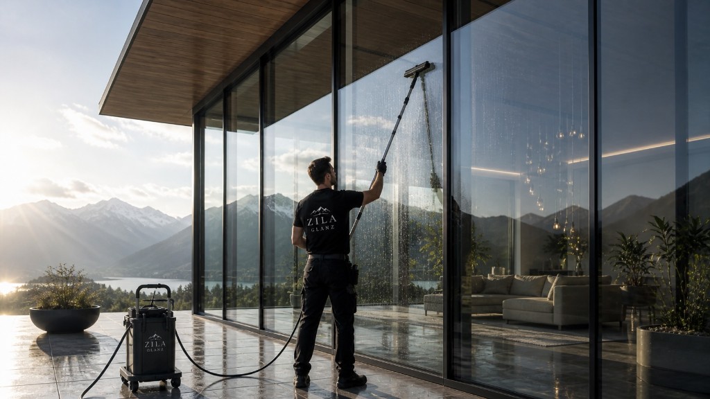 Reinigungsprofi mit Teleskopstange an einer Glasfassade; Reinwasser-Anlage auf der Terrasse – alpine Kulisse und ZILA GLANZ im Tiroler Objekteinsatz.