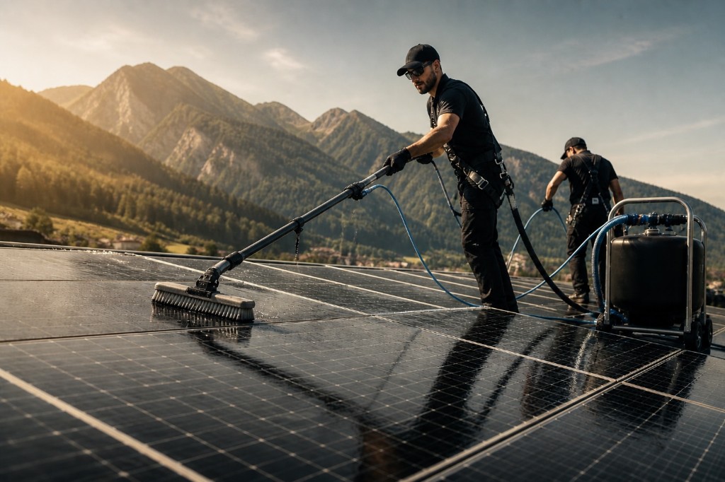Zwei Reinigungskräfte reinigen Photovoltaik-Module mit Teleskop und Reinwasser-Anlage auf dem Dach – alpine Kulisse, professioneller PV-Care-Einsatz.